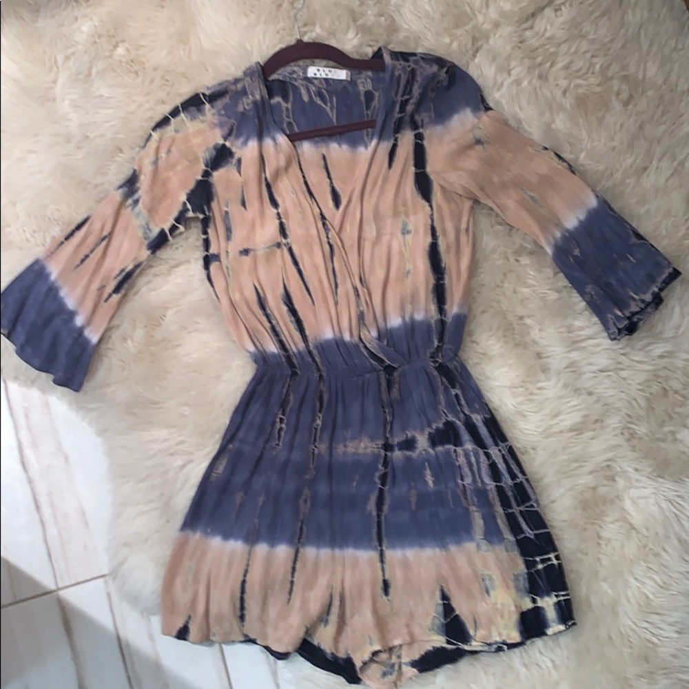 Tie Die Blue Deep V Neck Romper